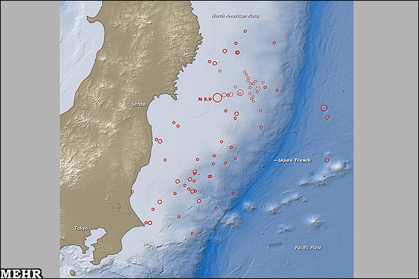 نقشه مناطق وقوع زمین لرزه و پس لرزه های اخیر در ژاپن