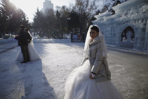 حضور عروس و دامادها در نمایشگاه سازه های برفی و یخی هاربین چین